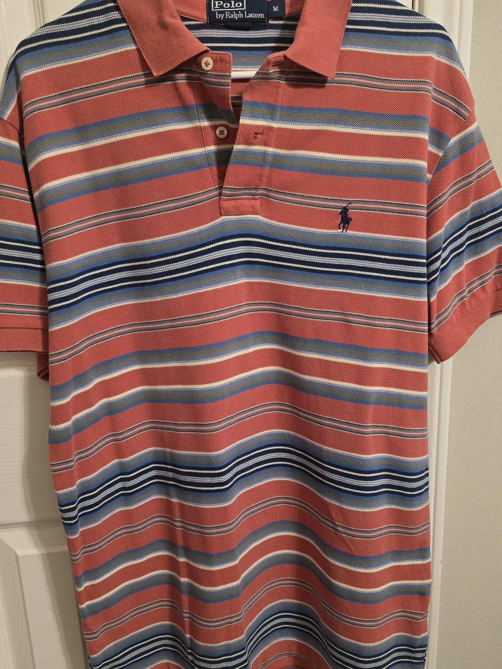 Vintage 90s Polo Ralph Lauren Striped Polo Shirt Men’s M Salmon Blue Retro Pony